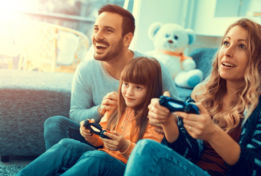 family sitting on a couch indoors